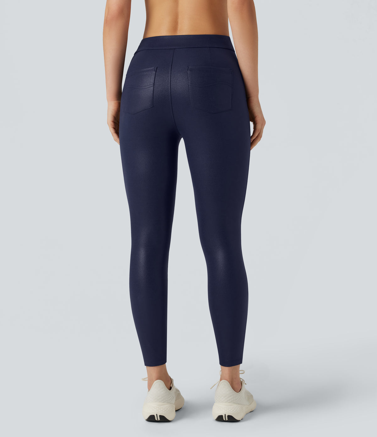 Faux Leather Shine High Waisted Yoga Leggings with Pockets — Peacoat — view 2
