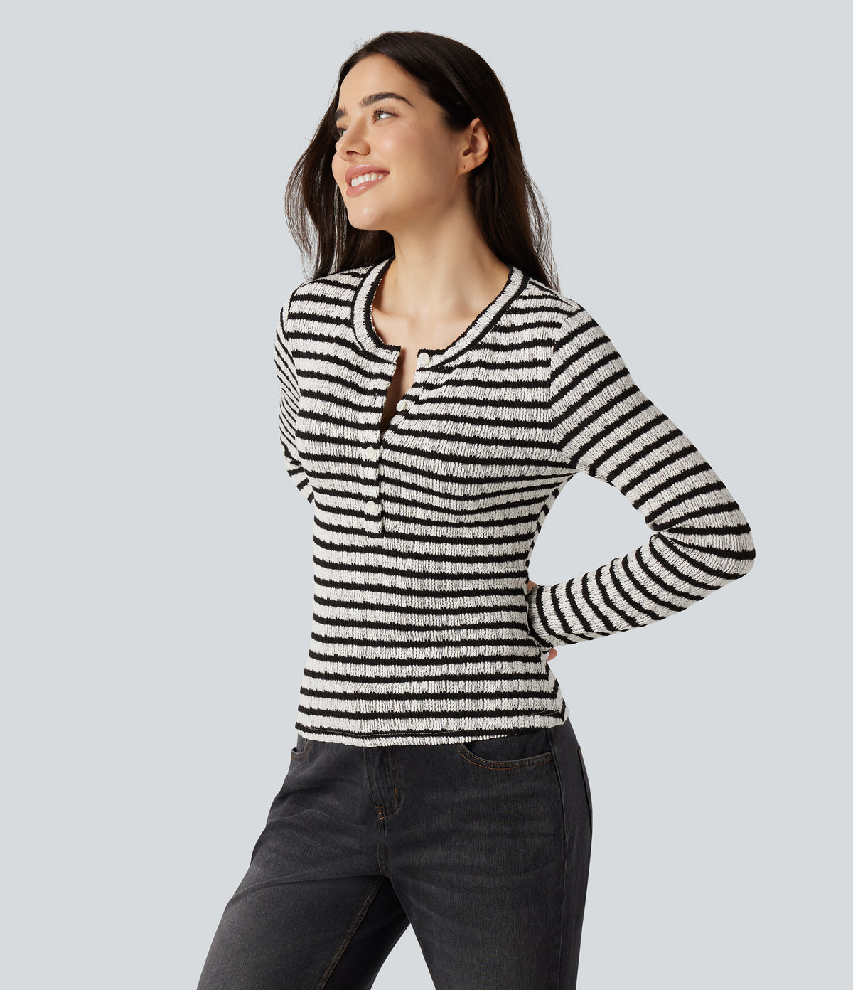 Henley Neck Long Sleeve Thumb Hole Stripe Casual T-Shirt — Monochrome Streak — view 7