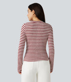 Henley Neck Long Sleeve Thumb Hole Stripe Casual T-Shirt — Crimson Drip Dye — view 2