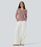 Henley Neck Long Sleeve Thumb Hole Stripe Casual T-Shirt — Crimson Drip Dye — view 6