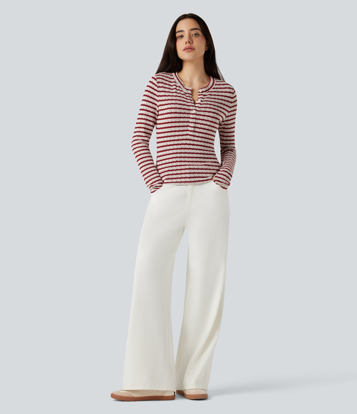 Henley Neck Long Sleeve Thumb Hole Stripe Casual T-Shirt — Crimson Drip Dye — view 6