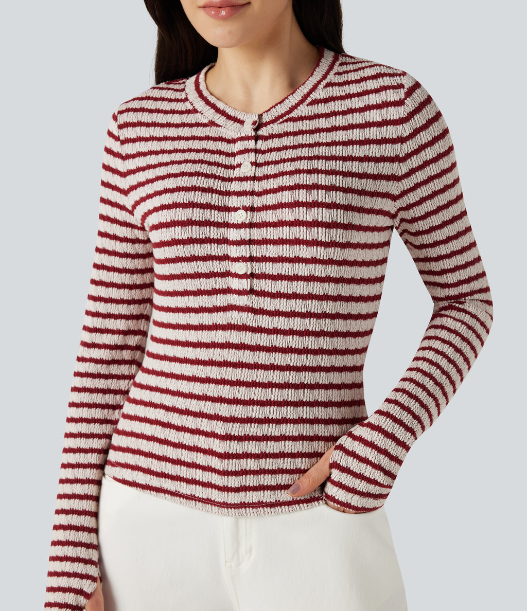 Henley Neck Long Sleeve Thumb Hole Stripe Casual T-Shirt — Crimson Drip Dye — view 4