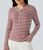 Henley Neck Long Sleeve Thumb Hole Stripe Casual T-Shirt — Crimson Drip Dye — view 4