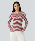 Henley Neck Long Sleeve Thumb Hole Stripe Casual T-Shirt — Crimson Drip Dye — view 5