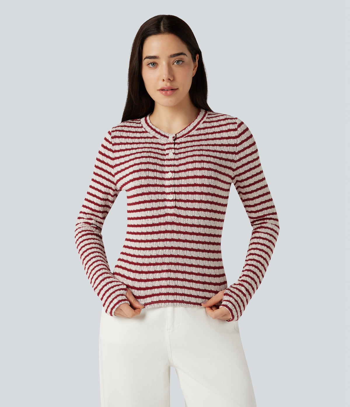 Henley Neck Long Sleeve Thumb Hole Stripe Casual T-Shirt — Crimson Drip Dye — view 5