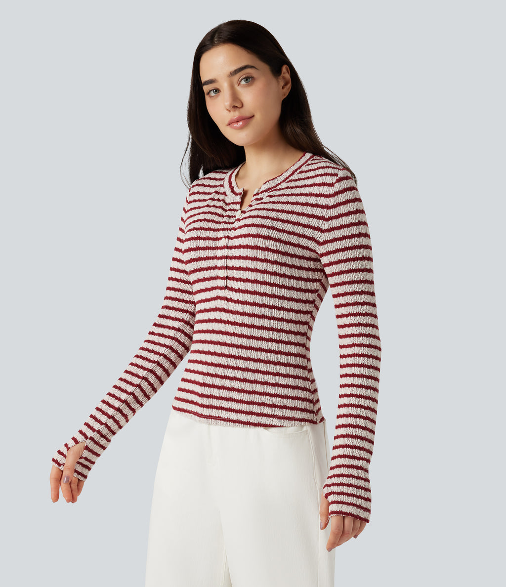 Henley Neck Long Sleeve Thumb Hole Stripe Casual T-Shirt — Crimson Drip Dye — view 3