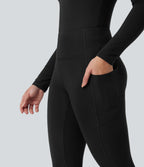 HeatCore High Waisted Casual Warming Leggings with Pockets — Black — view 7