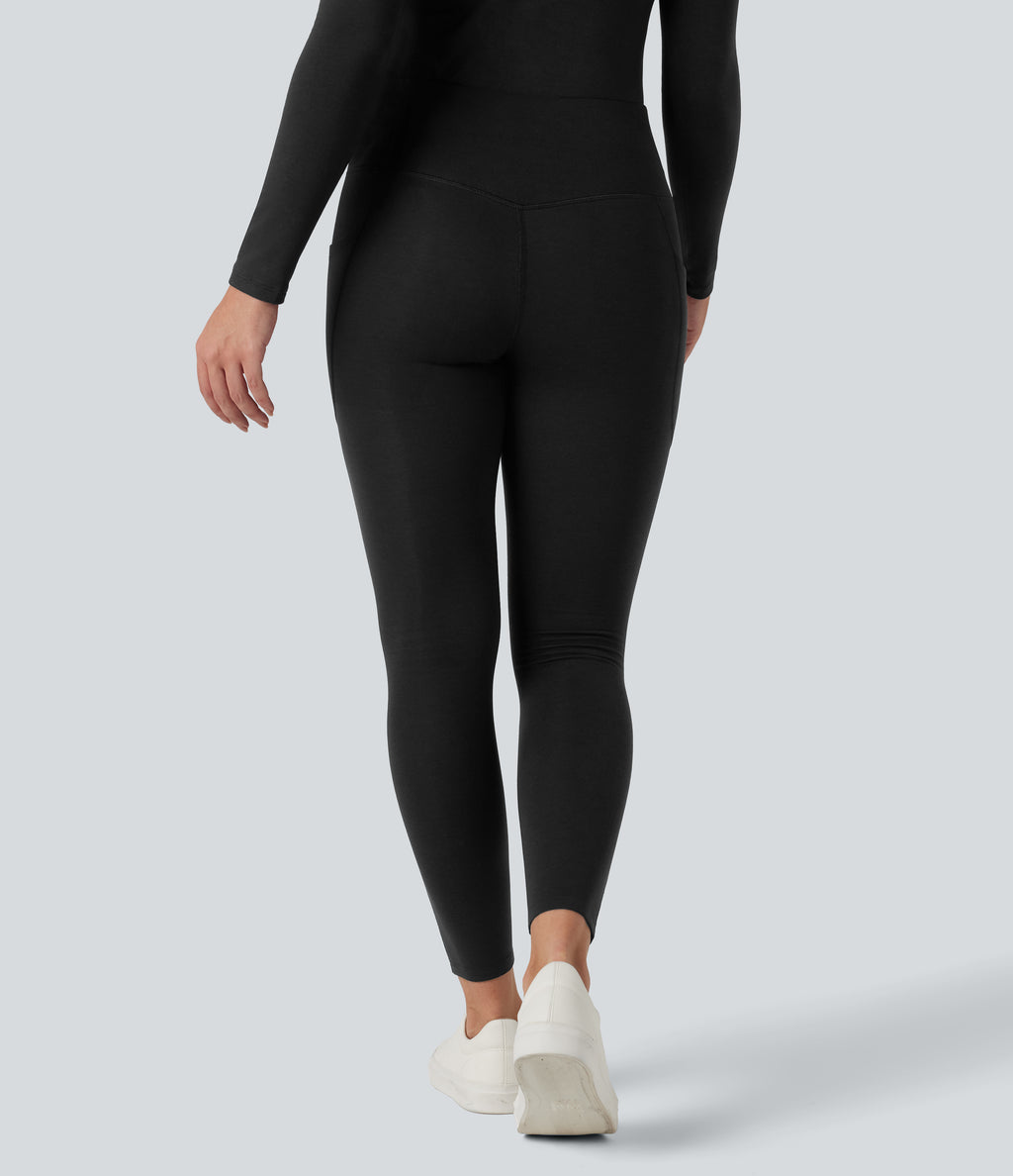 HeatCore High Waisted Casual Warming Leggings with Pockets — Black — view 3
