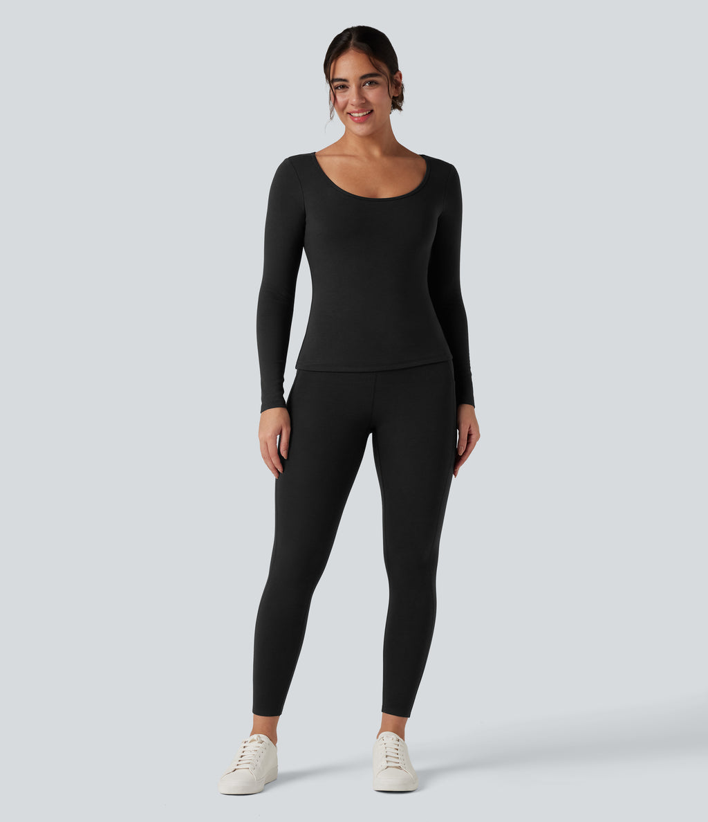 HeatCore High Waisted Casual Warming Leggings with Pockets — Black — view 8