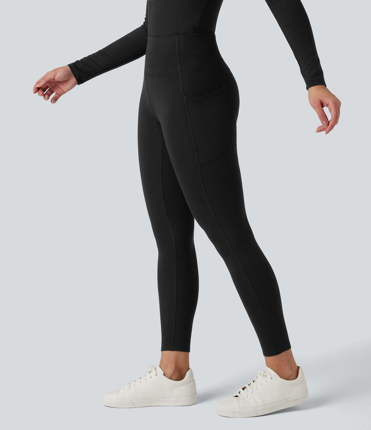 HeatCore High Waisted Casual Warming Leggings with Pockets — Black — view 4