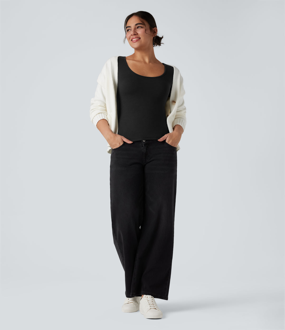 HeatCore Scoop Neck Long Sleeve Built-in Bra Casual Warming Top — Black — view 6