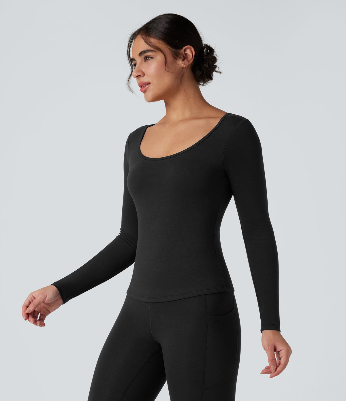 HeatCore Scoop Neck Long Sleeve Built-in Bra Casual Warming Top — Black — view 3