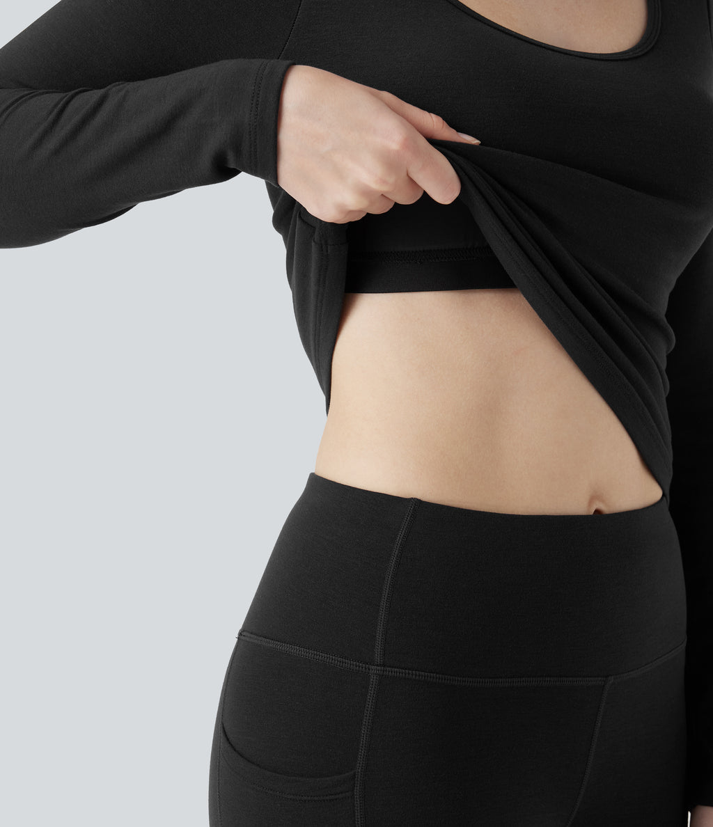 HeatCore Scoop Neck Long Sleeve Built-in Bra Casual Warming Top — Black — view 8