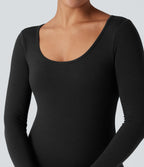 HeatCore Scoop Neck Long Sleeve Built-in Bra Casual Warming Top — Black — view 4