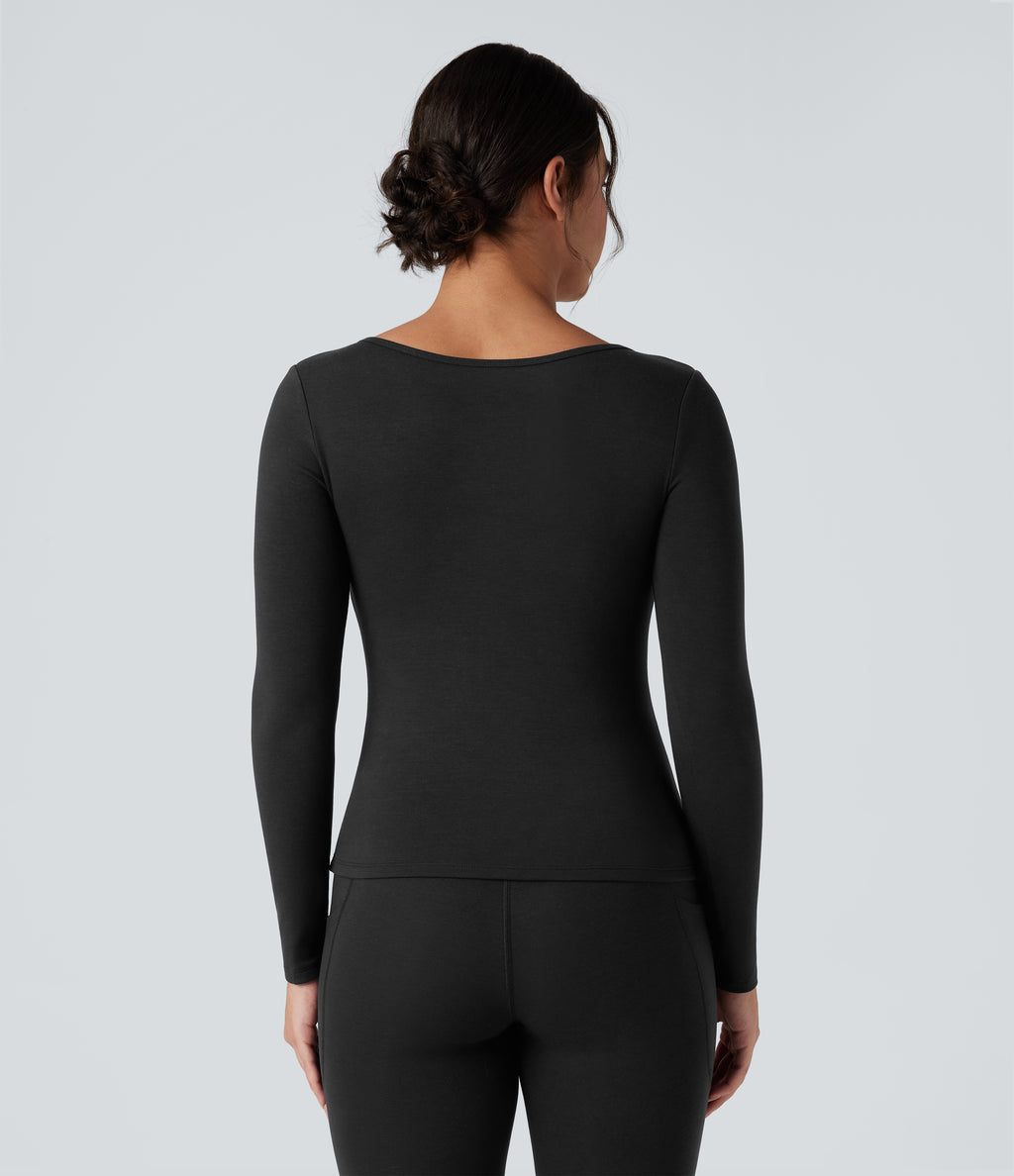 HeatCore Scoop Neck Long Sleeve Built-in Bra Casual Warming Top — Black — view 2