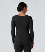 HeatCore Scoop Neck Long Sleeve Built-in Bra Casual Warming Top — Black — view 2