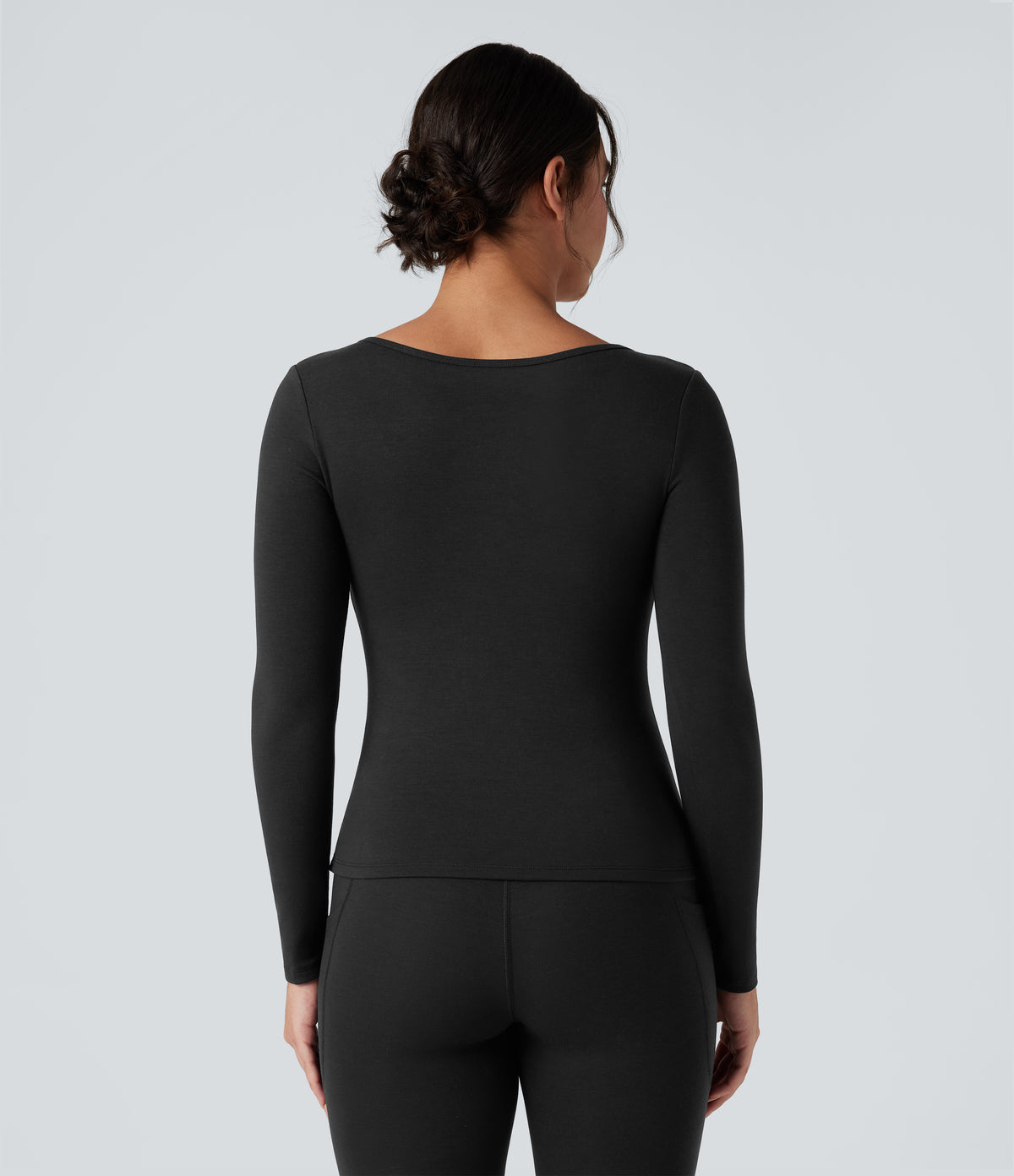 HeatCore Scoop Neck Long Sleeve Built-in Bra Casual Warming Top — Black — view 2