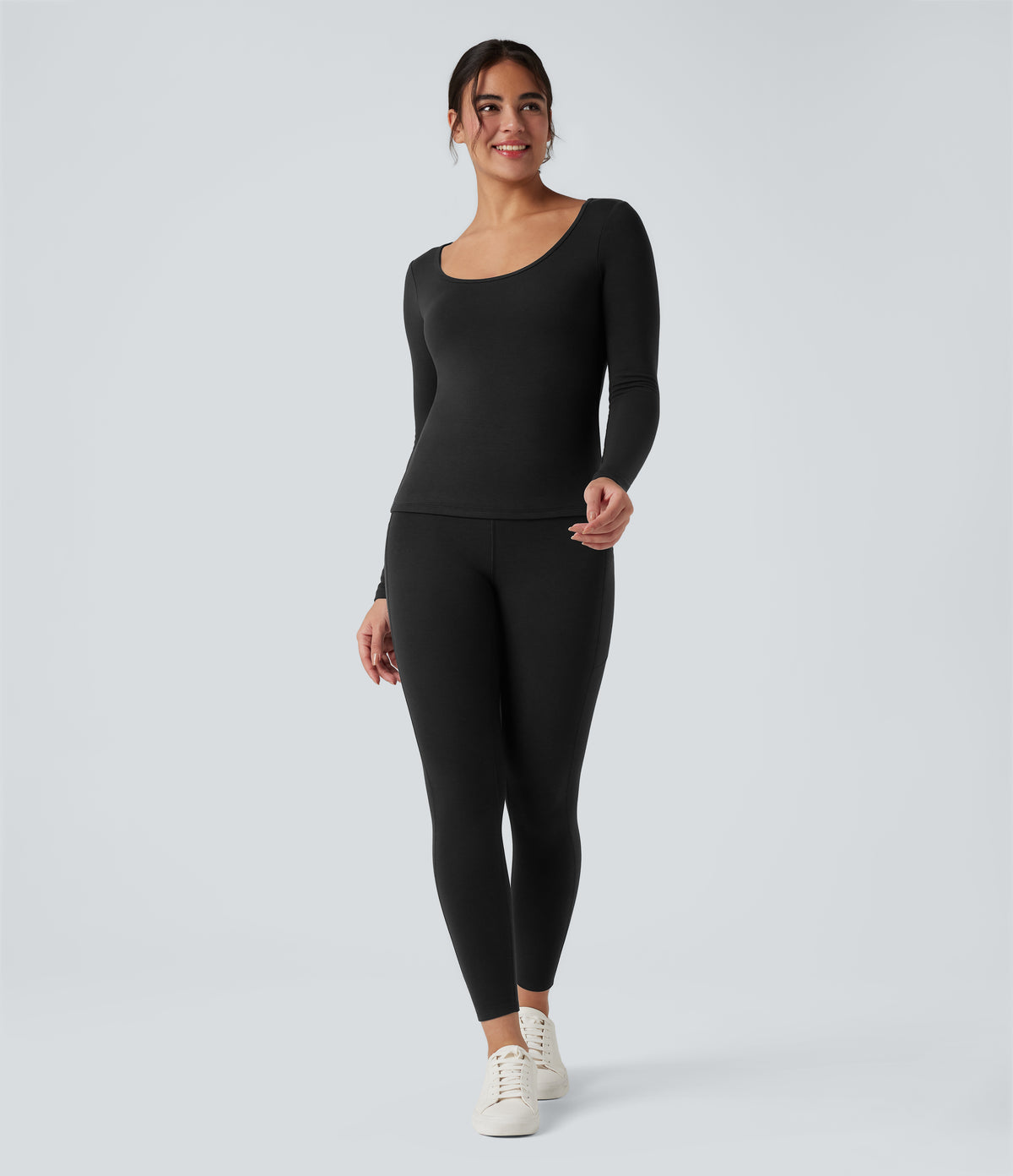 HeatCore Scoop Neck Long Sleeve Built-in Bra Casual Warming Top — Black — view 5