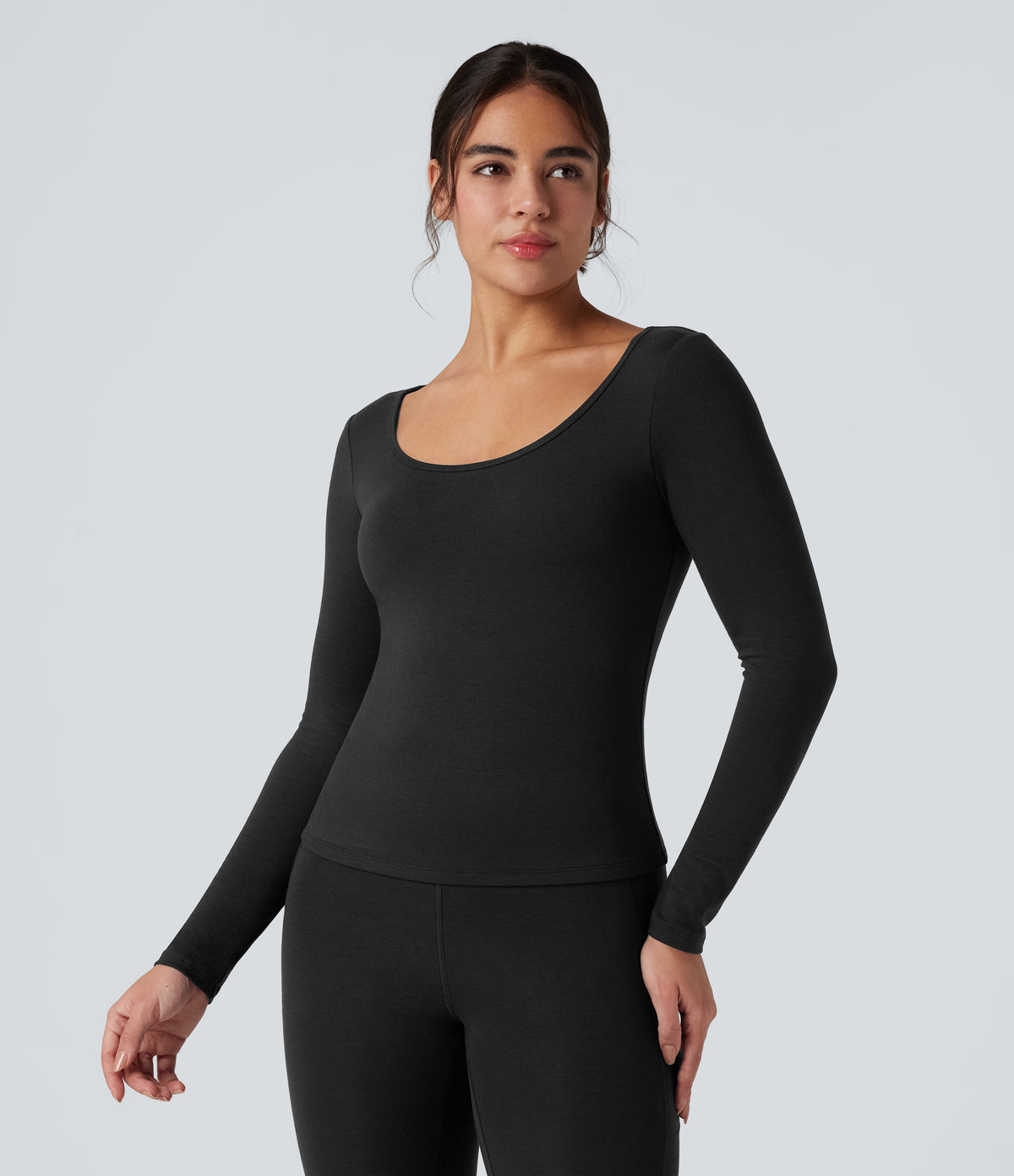 HeatCore Scoop Neck Long Sleeve Built-in Bra Casual Warming Top — Black — view 1