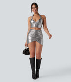 Faux Leather High Waisted Crossover Ruched 2-in-1 Bodycon Mini Sparkle Foil Print Stretchy Party Skirt — Shiny Black Silver — view 7