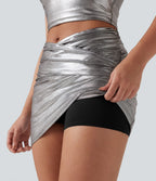 Faux Leather High Waisted Crossover Ruched 2-in-1 Bodycon Mini Sparkle Foil Print Stretchy Party Skirt — Shiny Black Silver — view 1
