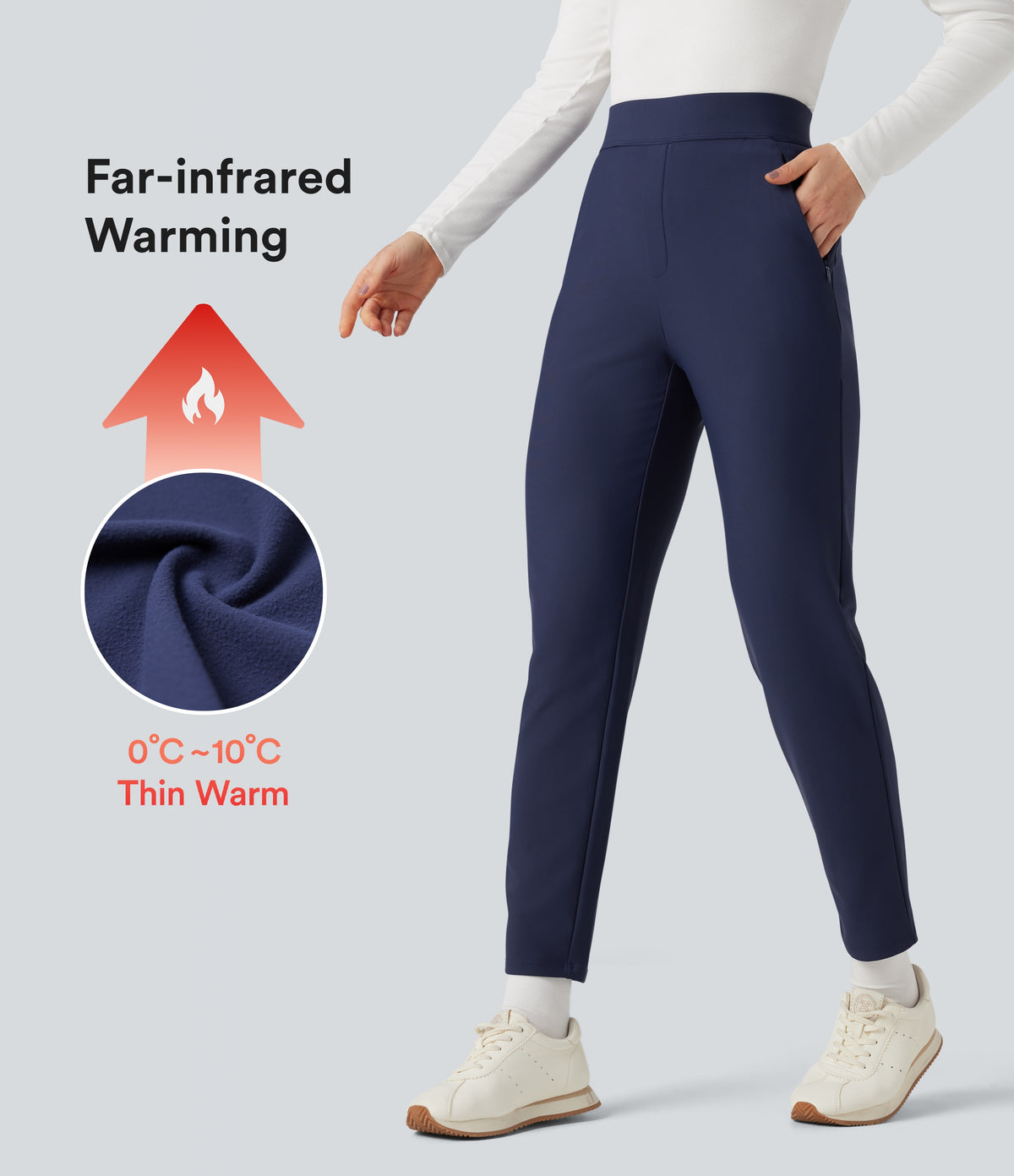 High Waisted Fleece Workout Warming Tapered Trousers with Pockets — Peacoat — view 1