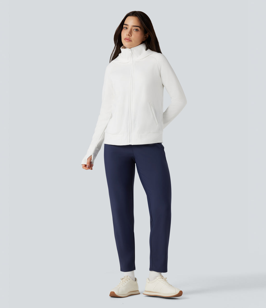 High Waisted Fleece Workout Warming Tapered Trousers with Pockets — Peacoat — view 7