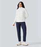 High Waisted Fleece Workout Warming Tapered Trousers with Pockets — Peacoat — view 7