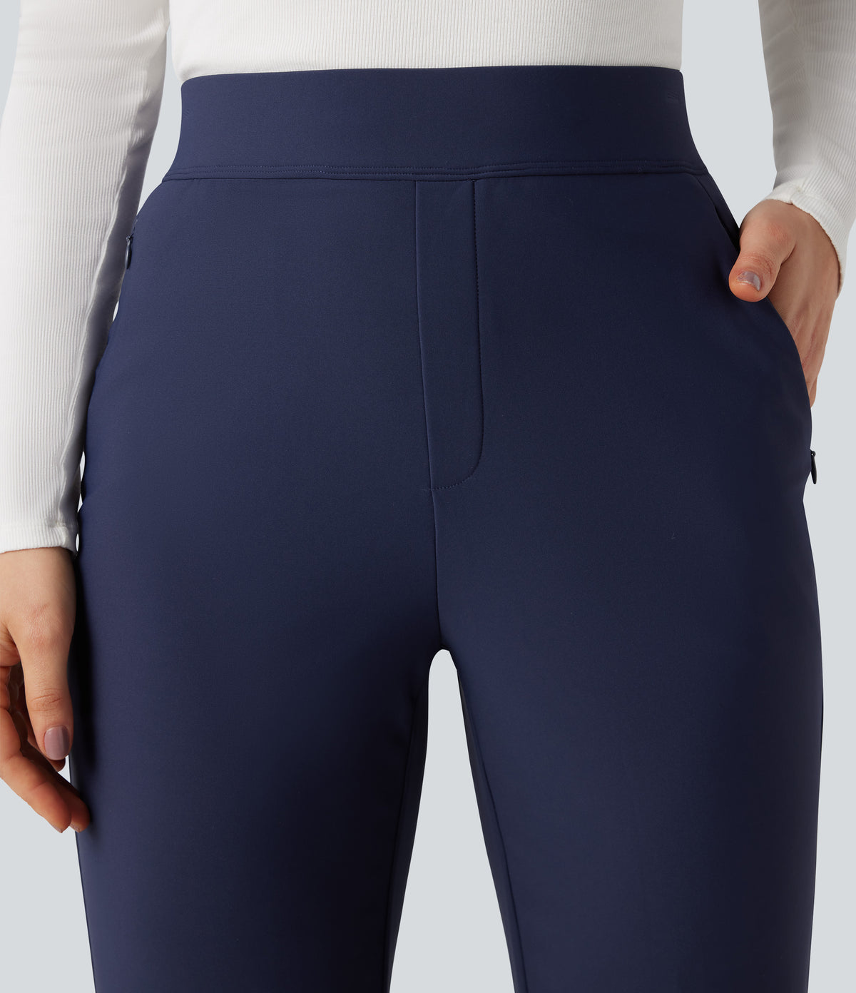 High Waisted Fleece Workout Warming Tapered Trousers with Pockets — Peacoat — view 4