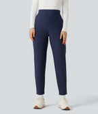 High Waisted Fleece Workout Warming Tapered Trousers with Pockets — Peacoat — view 3