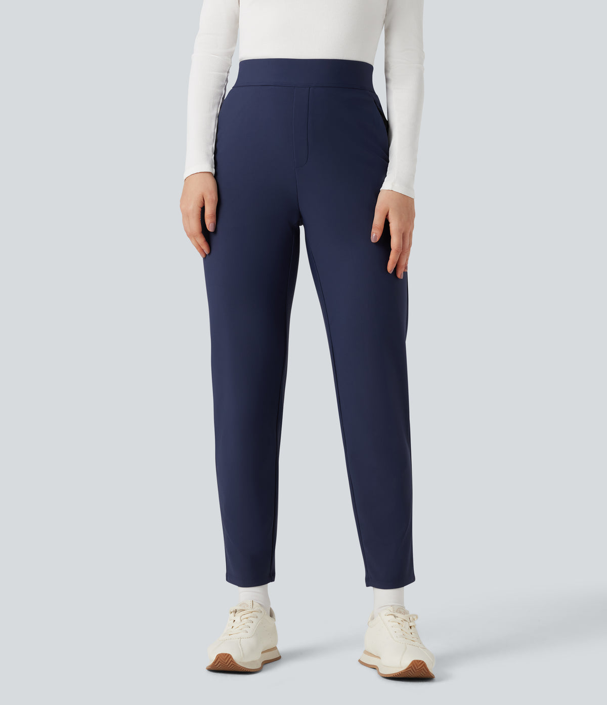 High Waisted Fleece Workout Warming Tapered Trousers with Pockets — Peacoat — view 3