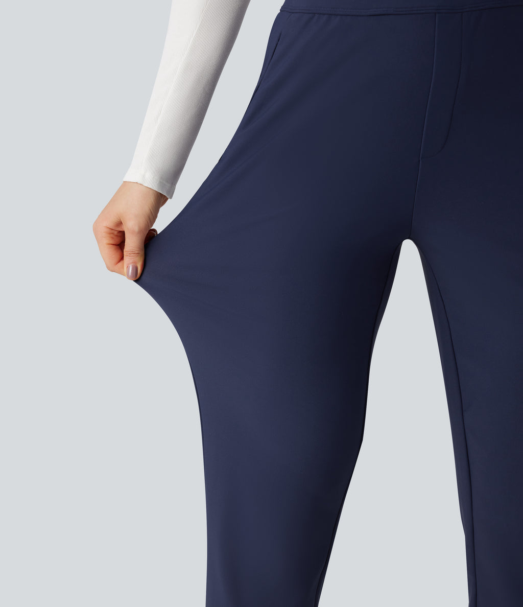High Waisted Fleece Workout Warming Tapered Trousers with Pockets — Peacoat — view 6