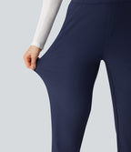 High Waisted Fleece Workout Warming Tapered Trousers with Pockets — Peacoat — view 6