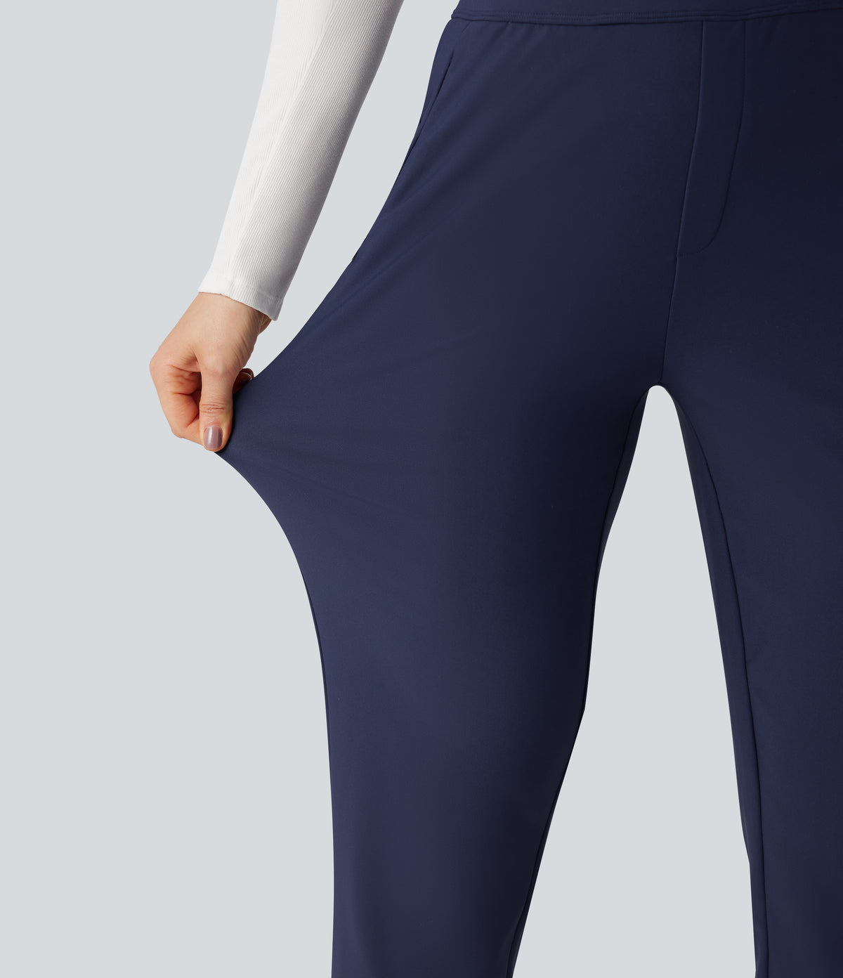 High Waisted Fleece Workout Warming Tapered Trousers with Pockets — Peacoat — view 6