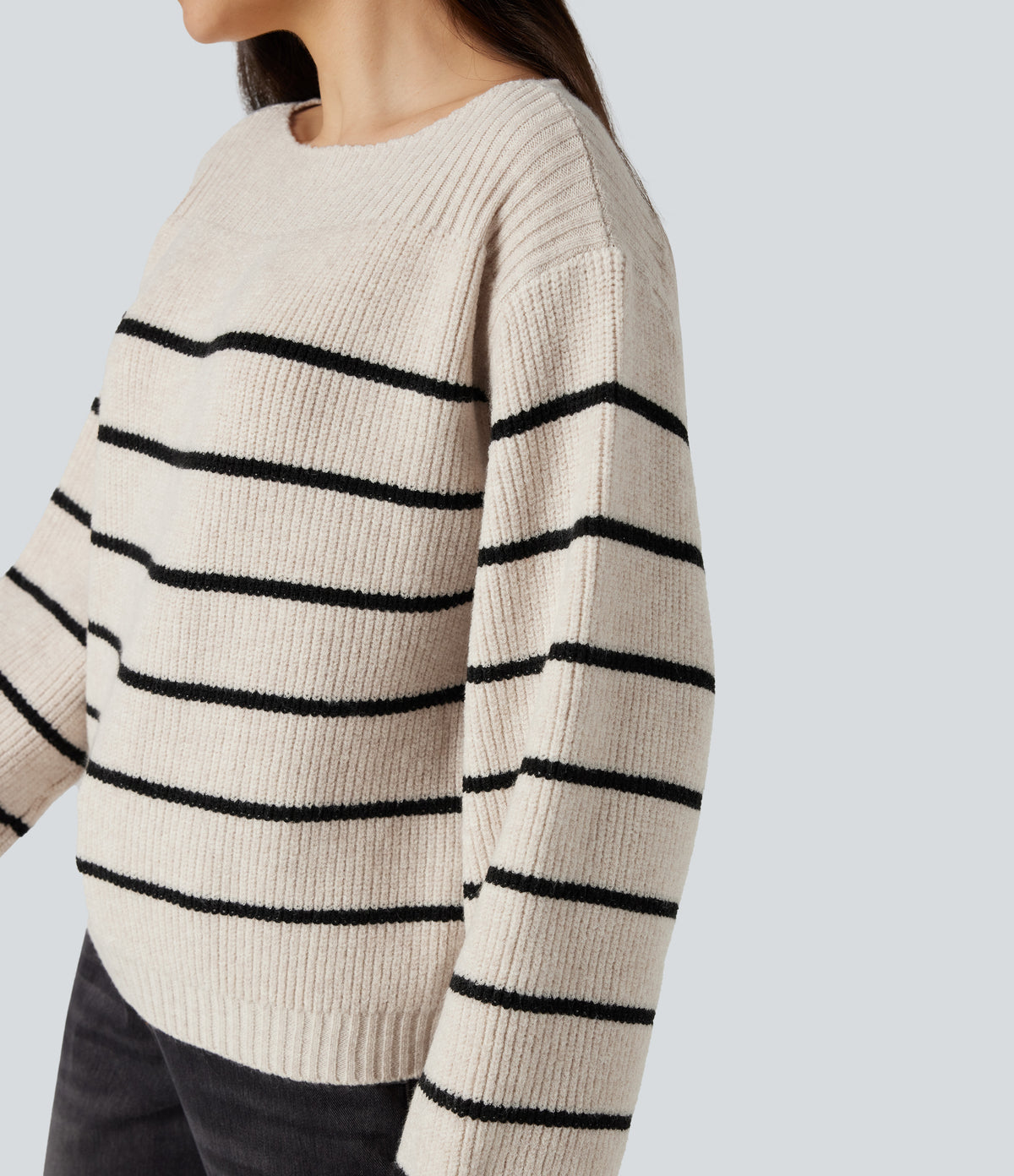 Boat Neck Long Sleeve Stripes Work Jumper — Birch — view 6