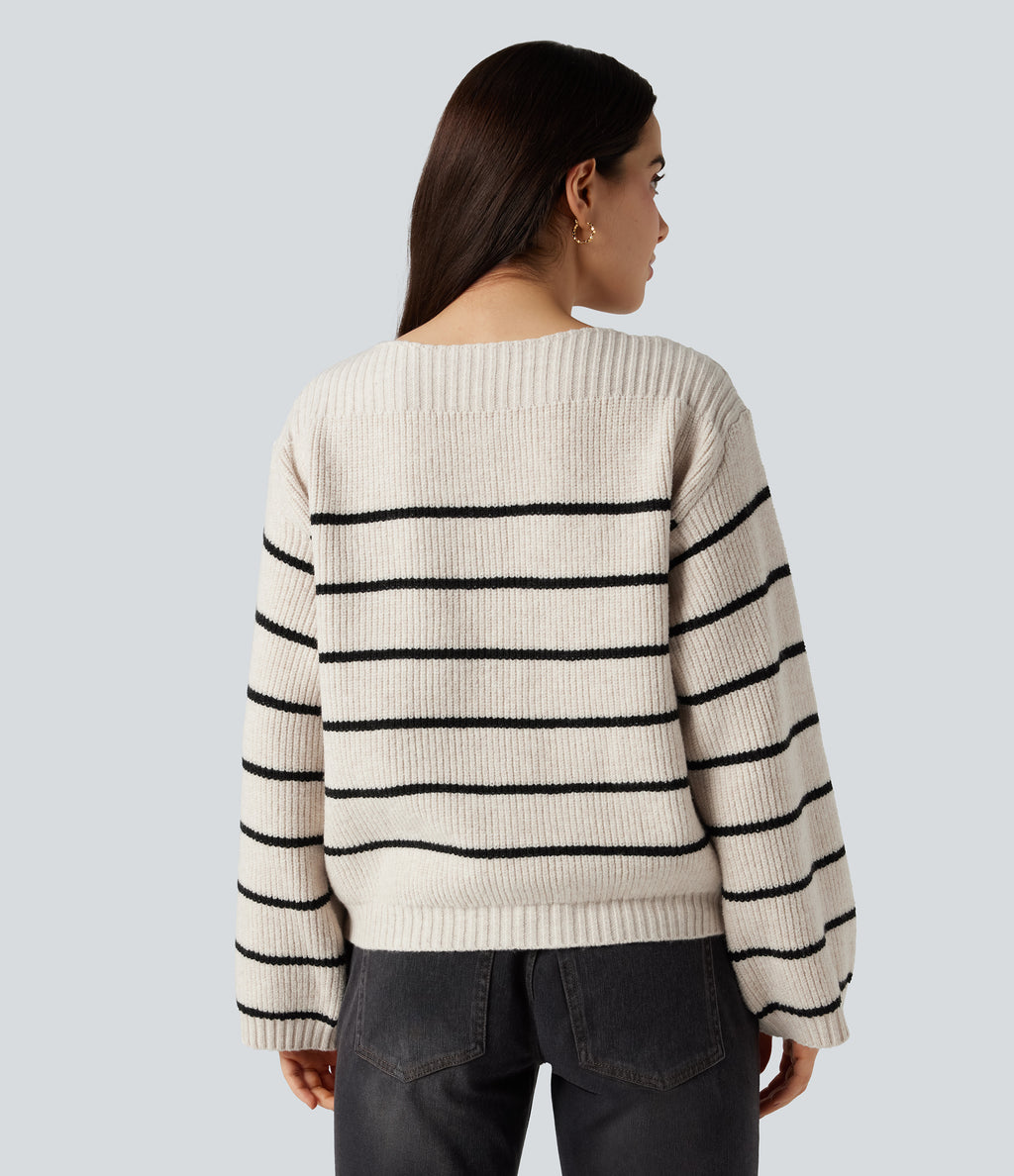 Boat Neck Long Sleeve Stripes Work Jumper — Birch — view 3