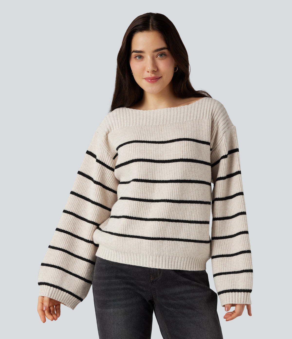 Boat Neck Long Sleeve Stripes Work Jumper — Birch — view 2