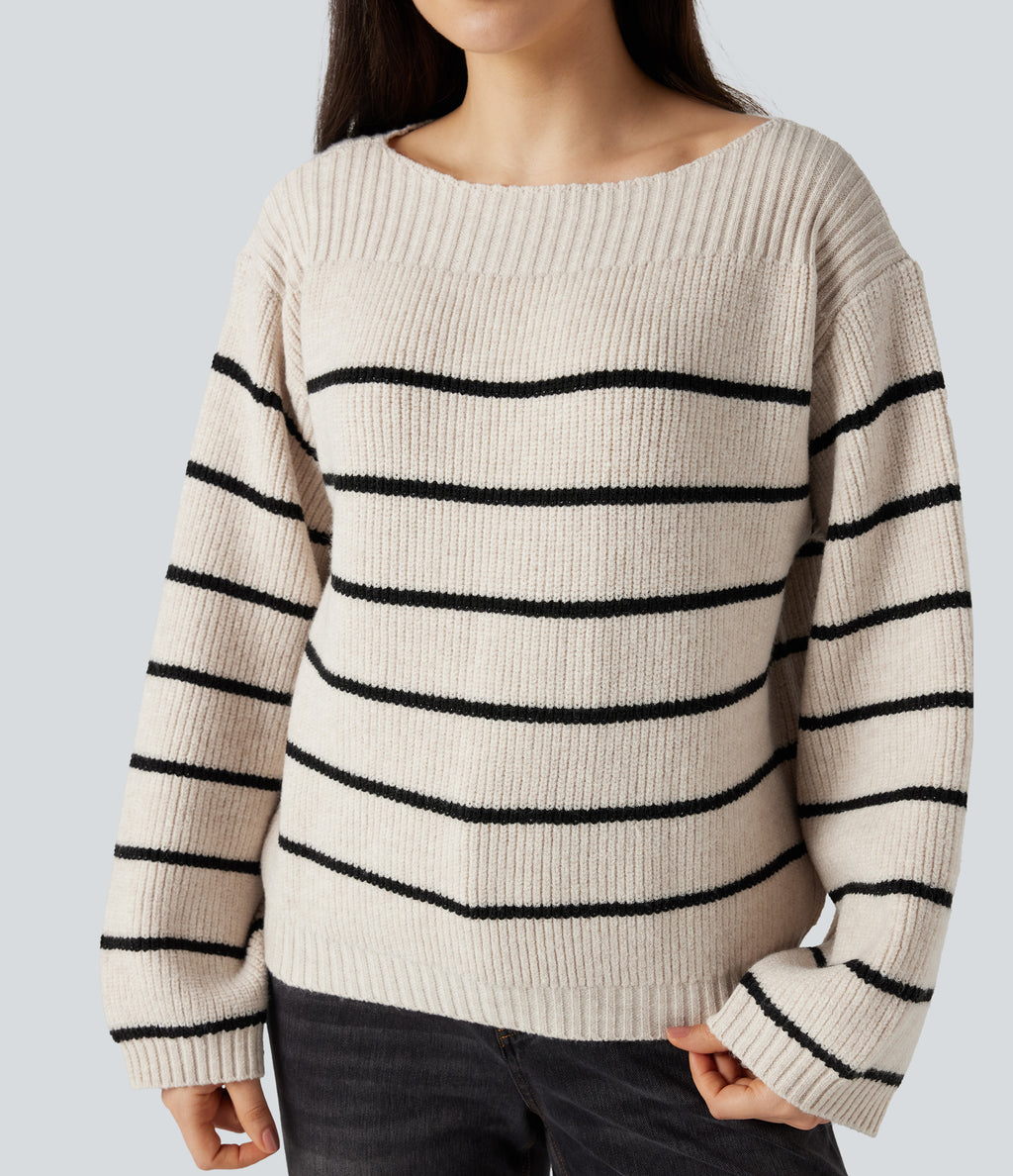 Boat Neck Long Sleeve Stripes Work Jumper — Birch — view 5