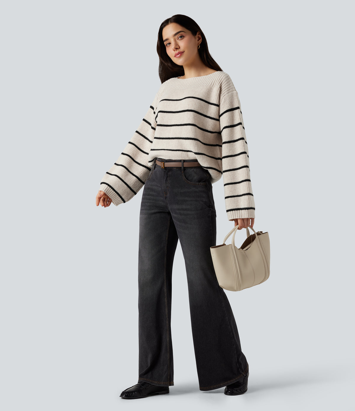 Boat Neck Long Sleeve Stripes Work Jumper — Birch — view 1