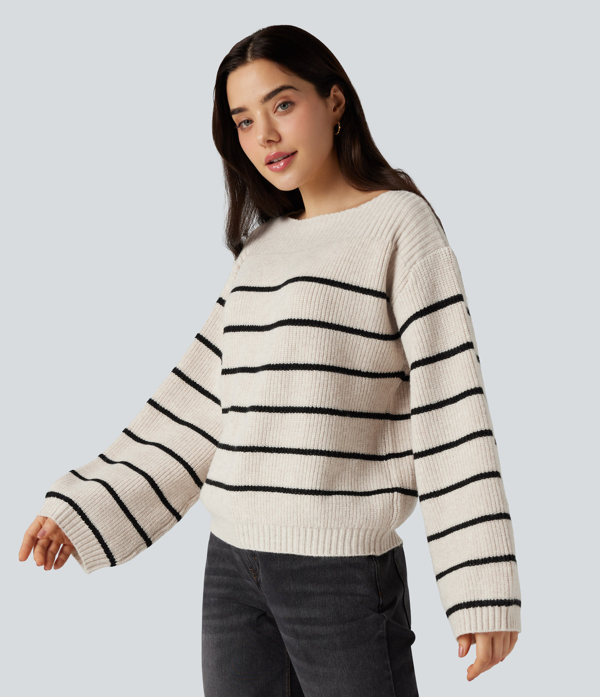 Boat Neck Long Sleeve Stripes Work Jumper — Birch — view 4