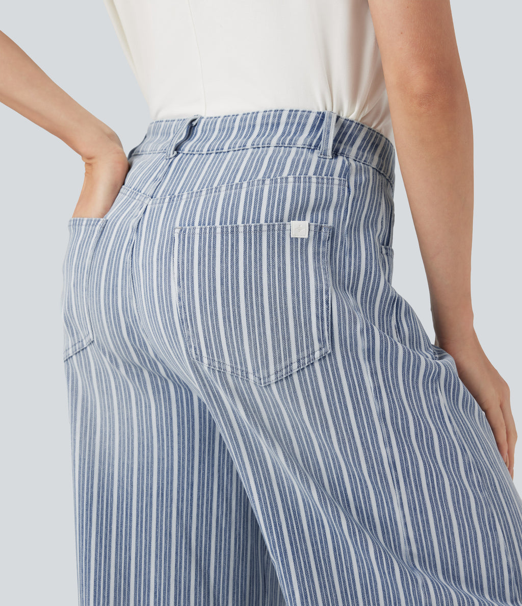 High Waisted Stripes Casual Barrel Leg Jeans Pockets — Tide Blue Denim — view 5