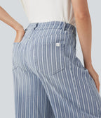 High Waisted Stripes Casual Barrel Leg Jeans Pockets — Tide Blue Denim — view 5
