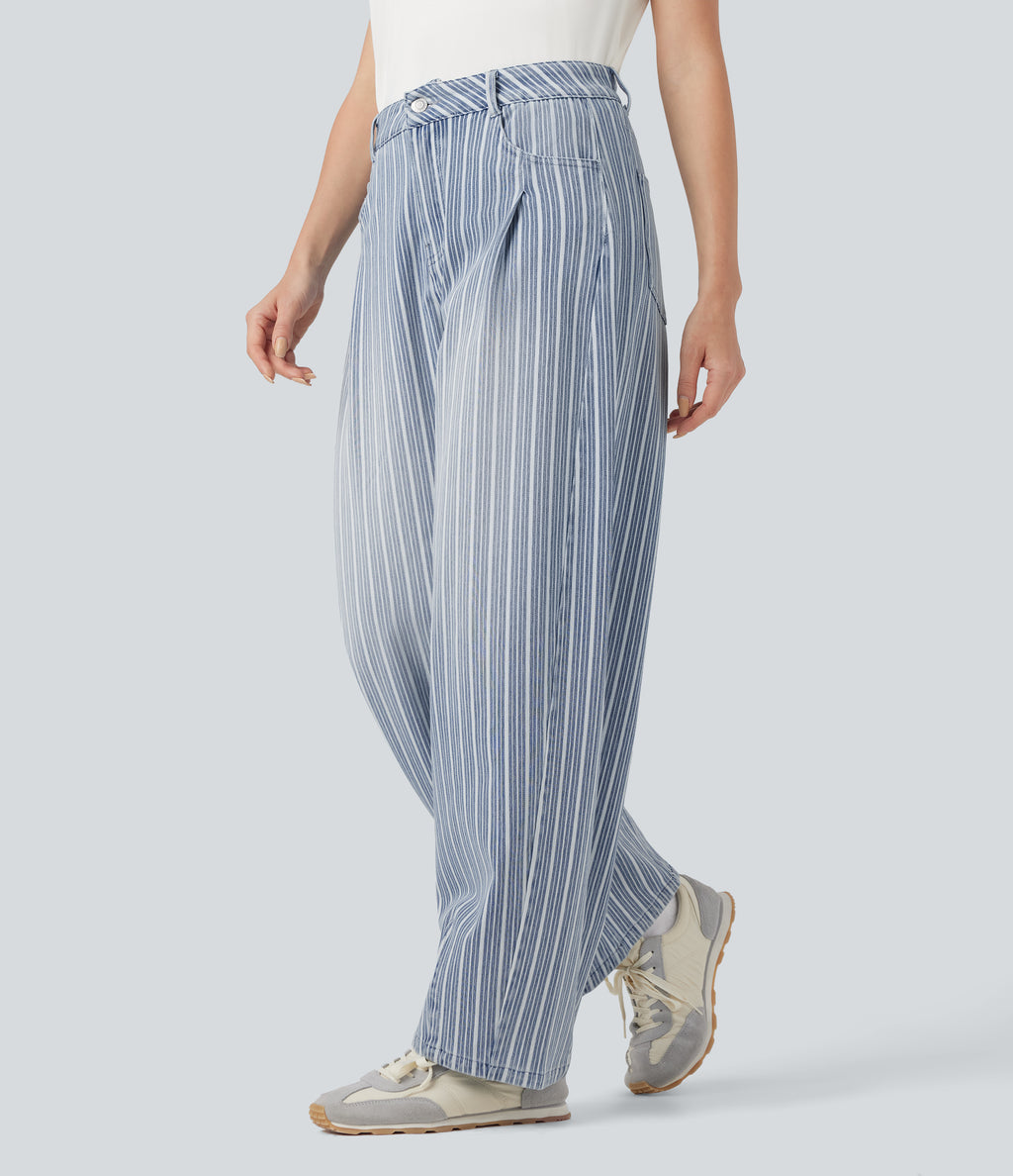 High Waisted Stripes Casual Barrel Leg Jeans Pockets — Tide Blue Denim — view 3