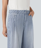 High Waisted Stripes Casual Barrel Leg Jeans Pockets — Tide Blue Denim — view 4