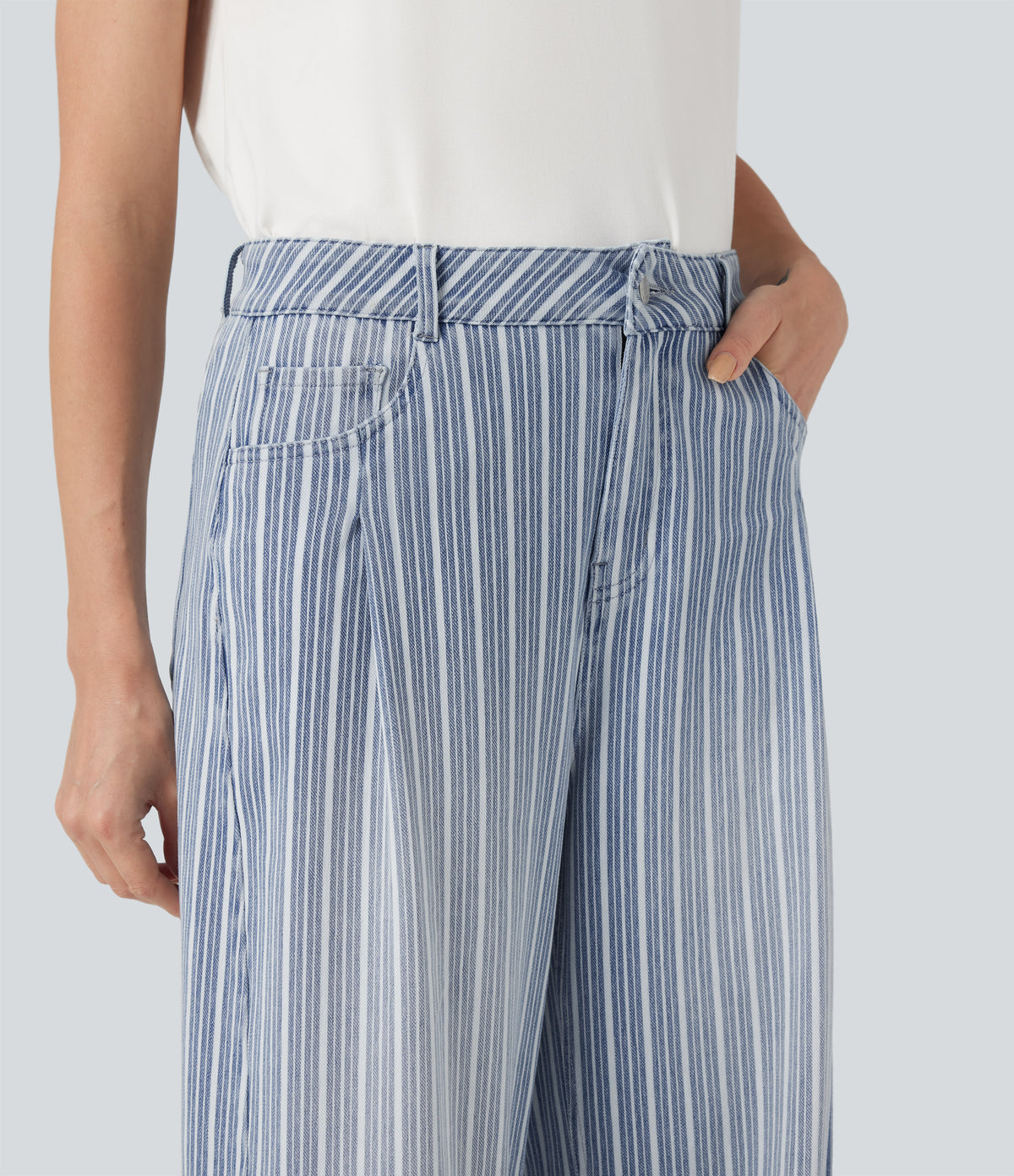 High Waisted Stripes Casual Barrel Leg Jeans Pockets — Tide Blue Denim — view 4