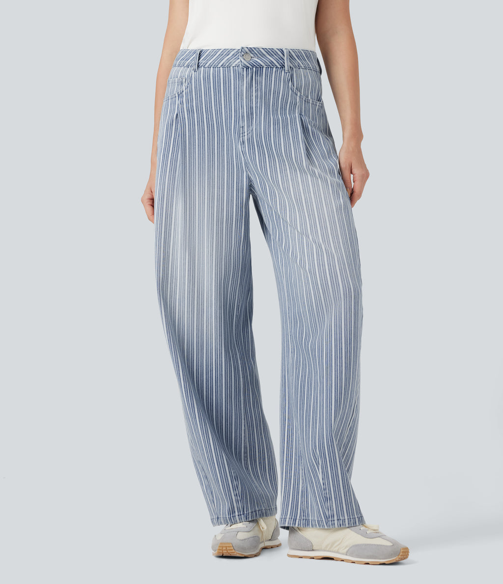 High Waisted Stripes Casual Barrel Leg Jeans Pockets — Tide Blue Denim — view 1