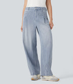 High Waisted Stripes Casual Barrel Leg Jeans Pockets — Tide Blue Denim — view 1