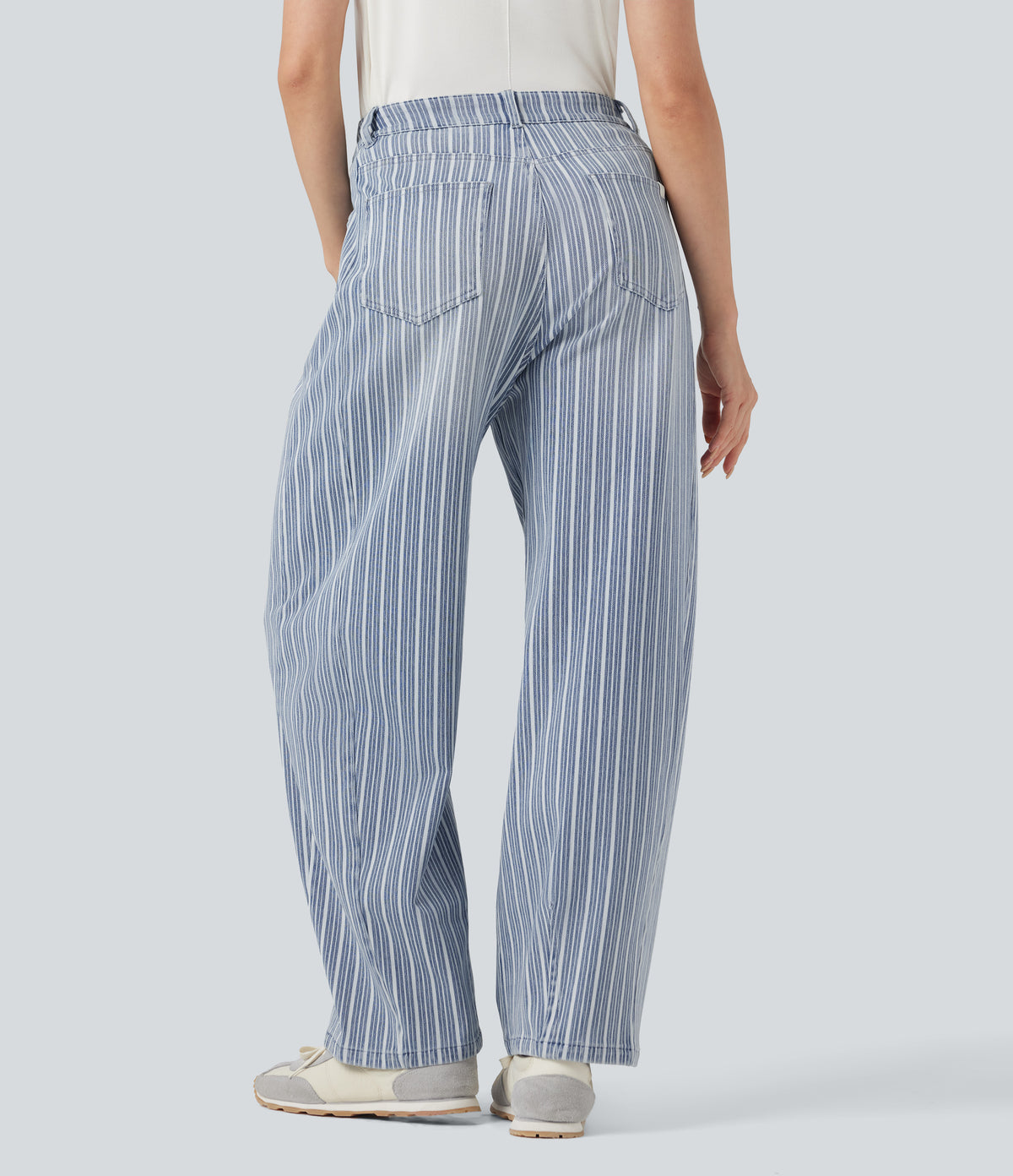 High Waisted Stripes Casual Barrel Leg Jeans Pockets — Tide Blue Denim — view 2
