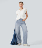 High Waisted Stripes Casual Barrel Leg Jeans Pockets — Tide Blue Denim — view 6