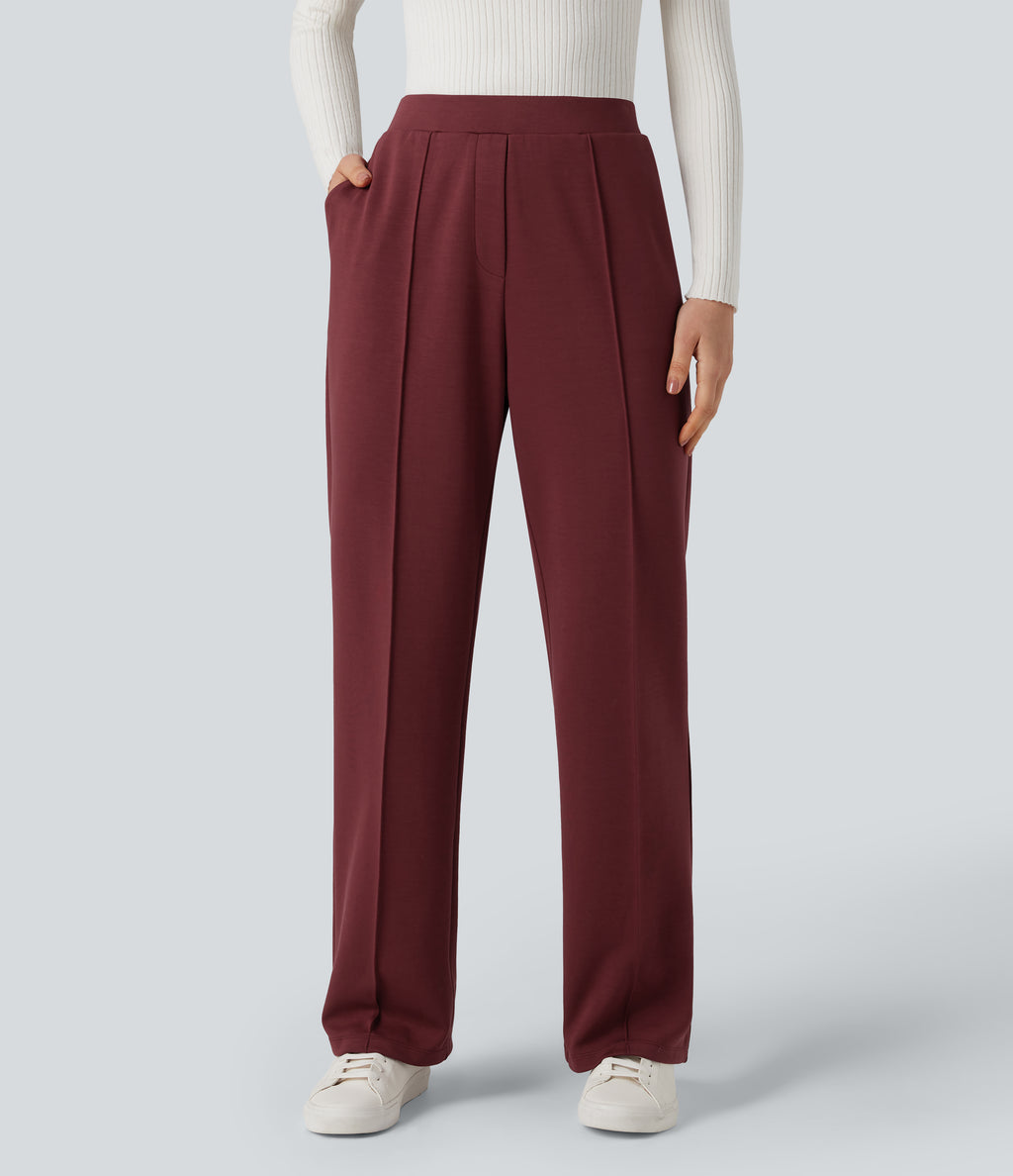 High Waisted Straight Leg Work Trousers with Pockets — Zinfandel — view 4